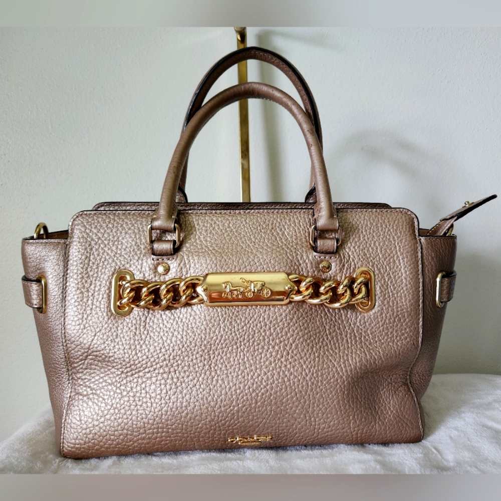 Coach Metallic Rose Gold Leather Satchel with Gold Chain Detail